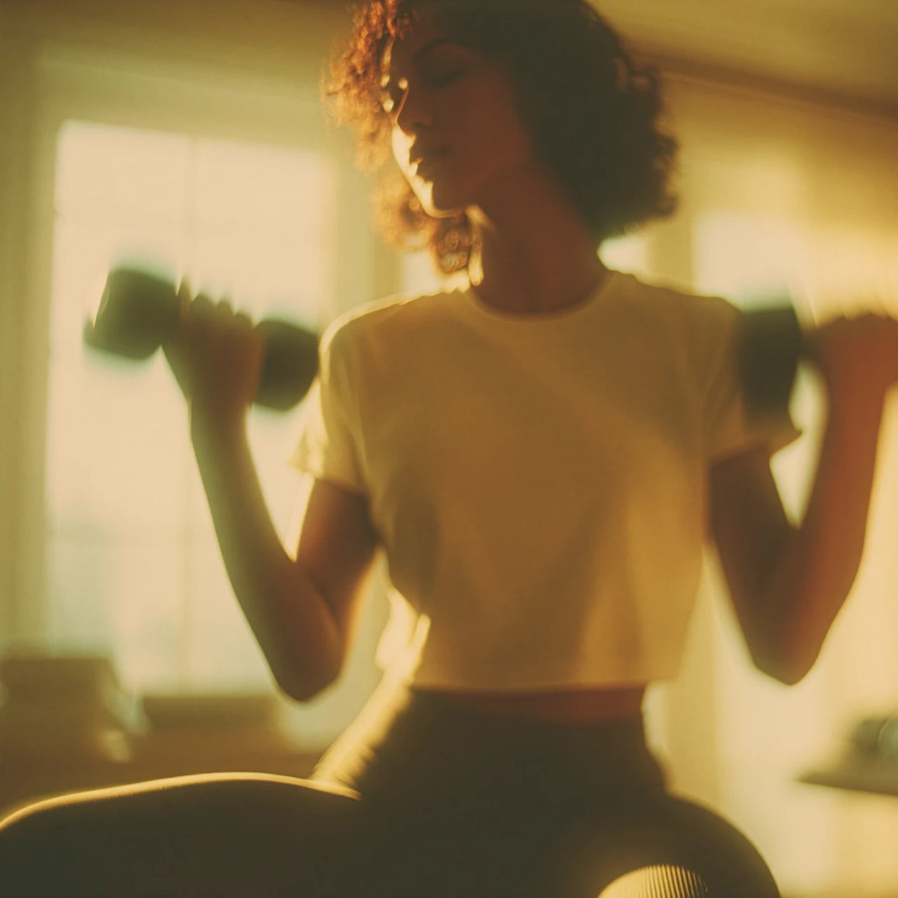 Person lifting dumbbells in warm light